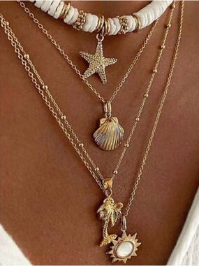 Gold Layered Seashell & Starfish Pendant Necklace Set